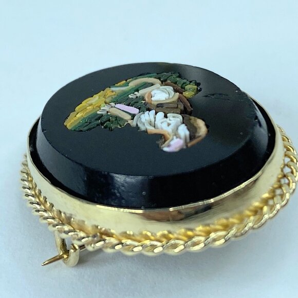 Antique Micro-mosaic 14k yellow gold rope bezel Dog Brooch 8g 30mm JR959 - Picture 5 of 8